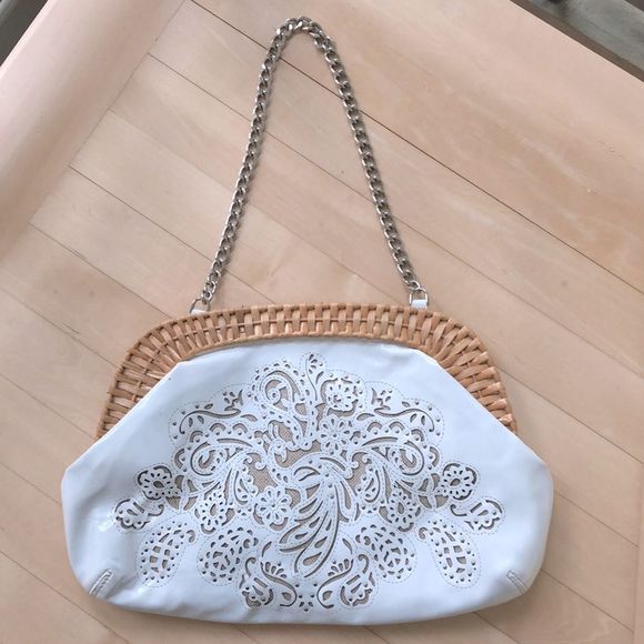 Rafe Handbags - Rafe Cut-Out White Patent Leather & Rattan Bag